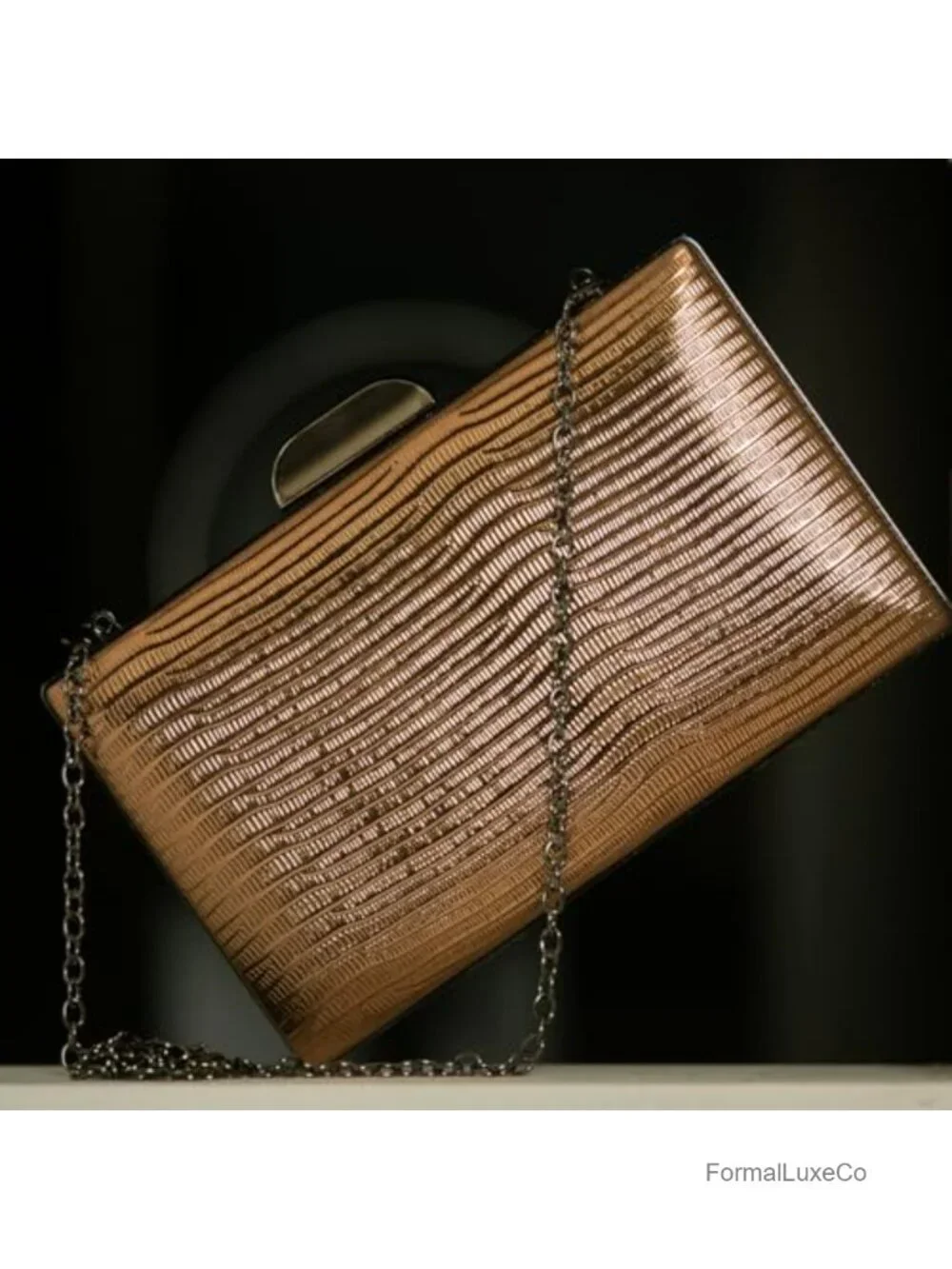 Metallic Hard Case Evening Party Clutch with Crossbody Chain